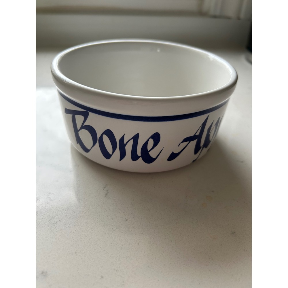 Dog bowl Clay Design White Ceramic Bowl Blue Lettering Bone Appetite